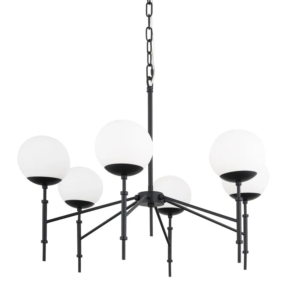Black Sputnik Six Light Frosted Metal and Glass Dimmable Chandelier With White Shades HomeRoots