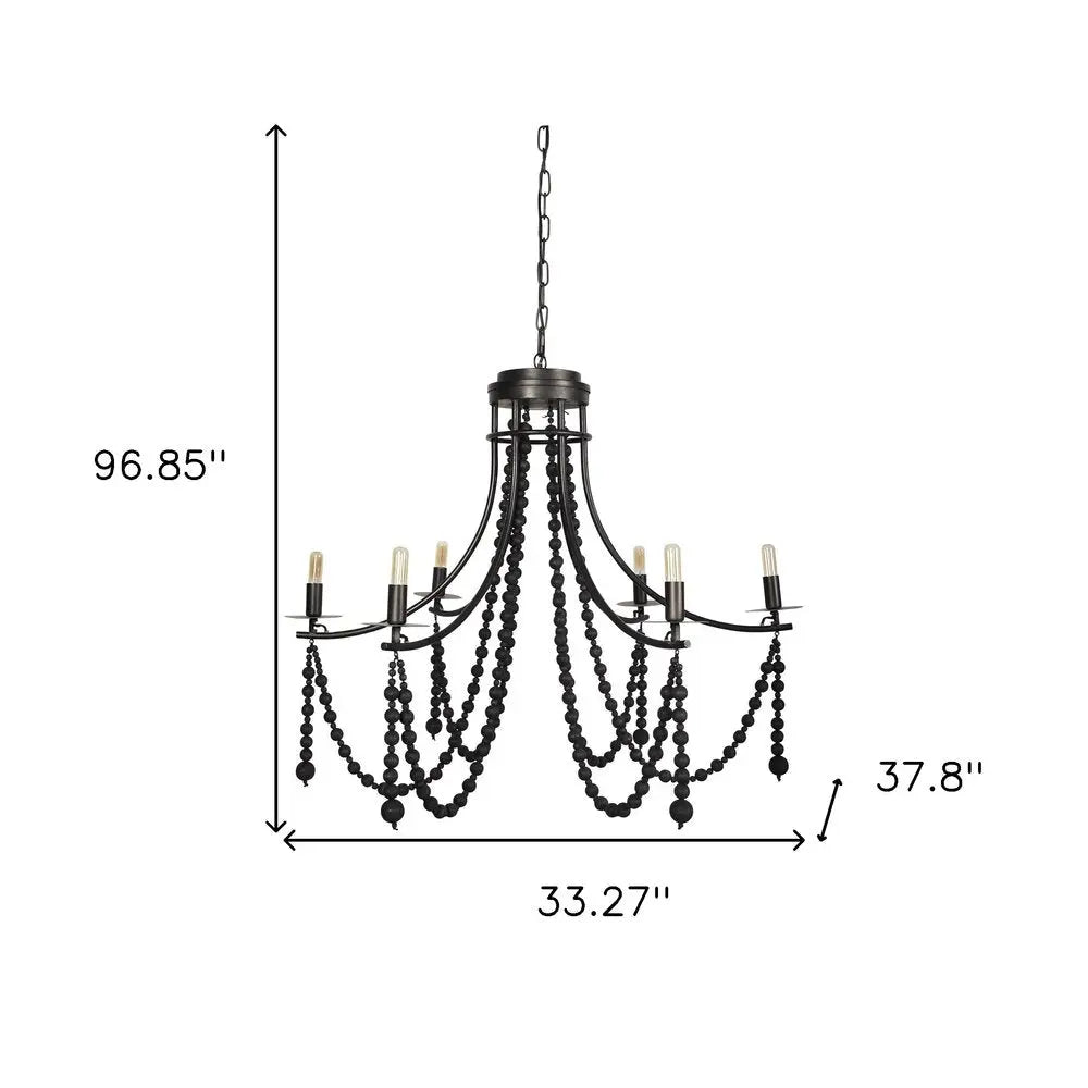 Black Candle Style Six Light Metal and Beads Dimmable Chandelier HomeRoots