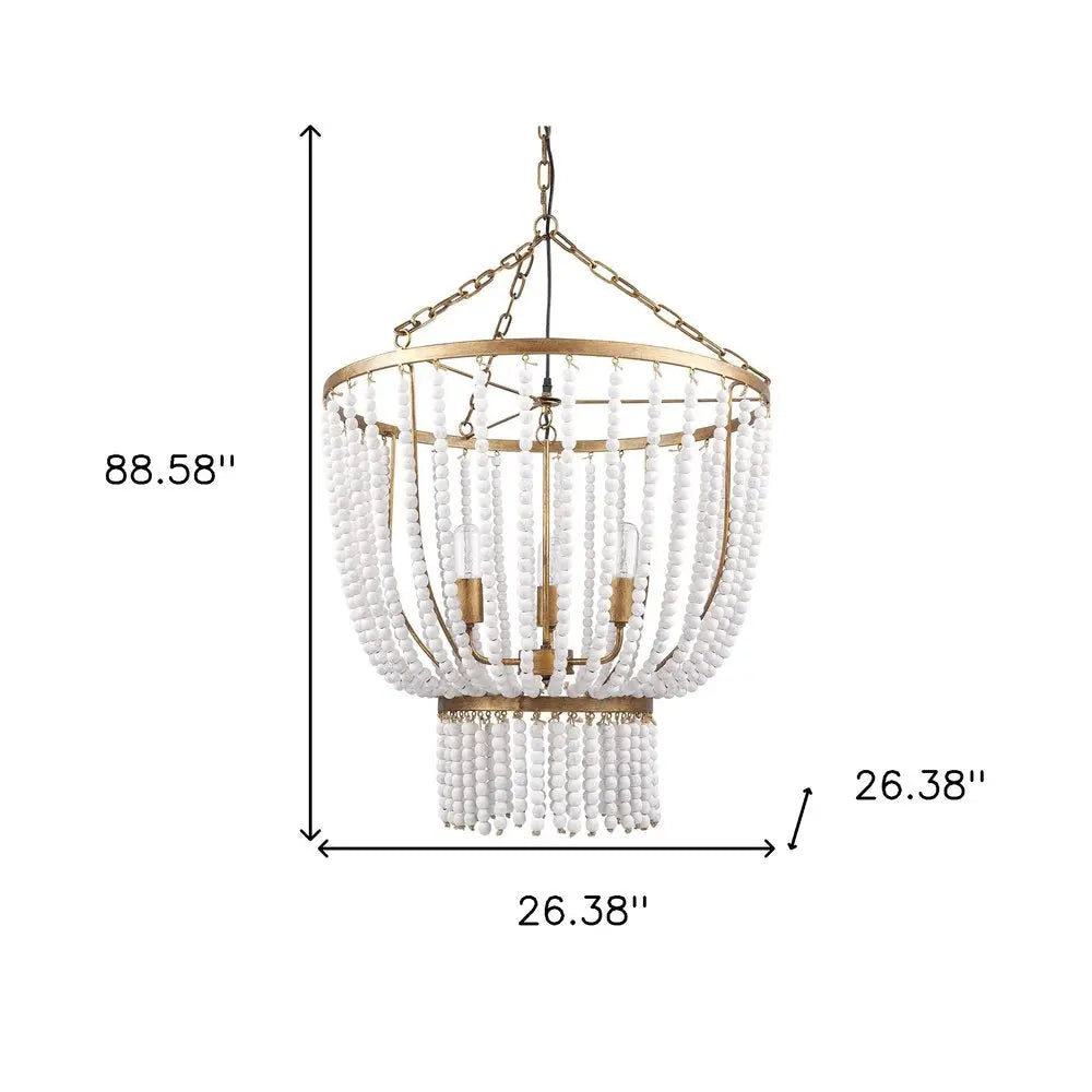 Gold And White Empire Three Light Metal and Beads Dimmable Chandelier HomeRoots