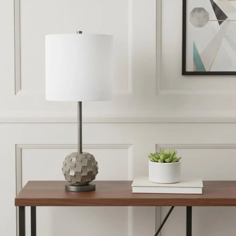 25" Gray Round Bedside Lamp With White Drum Shade HomeRoots