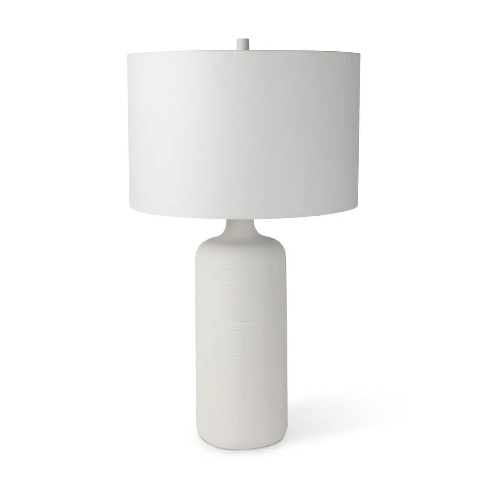 31" White Ceramic Round Bedside Lamp With White Drum Shade HomeRoots