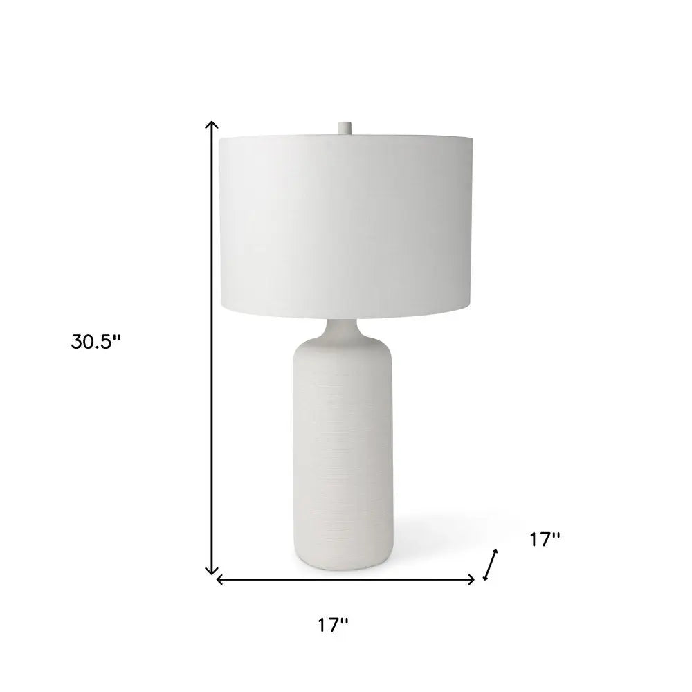 31" White Ceramic Round Bedside Lamp With White Drum Shade HomeRoots