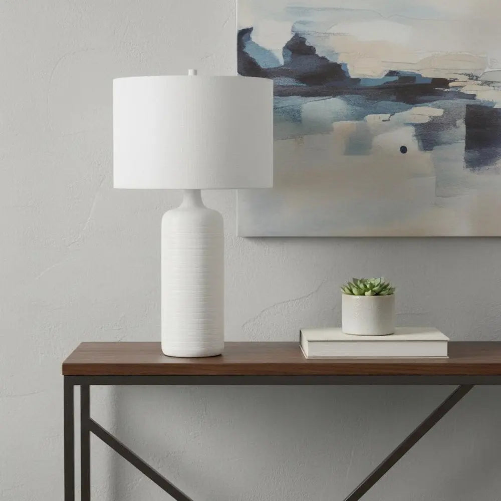 31" White Ceramic Round Bedside Lamp With White Drum Shade HomeRoots