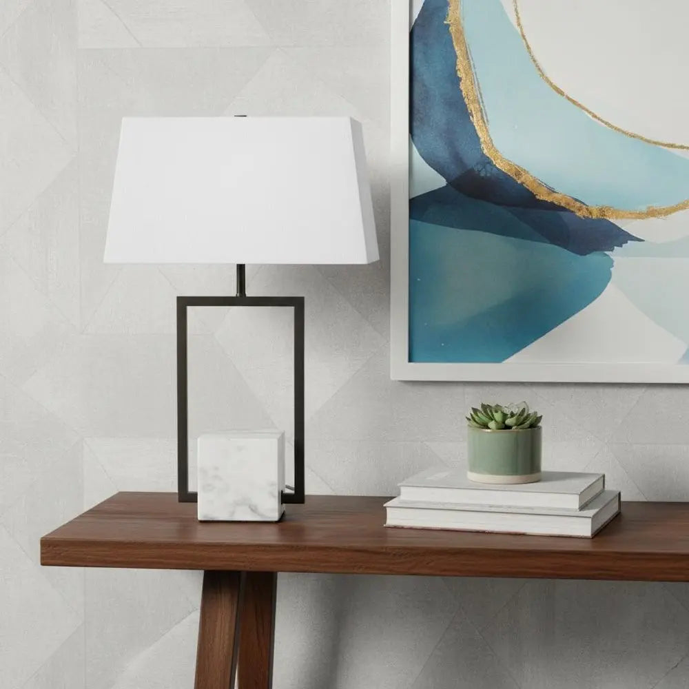 26" Gray Marble Square Bedside Lamp With White Shade HomeRoots