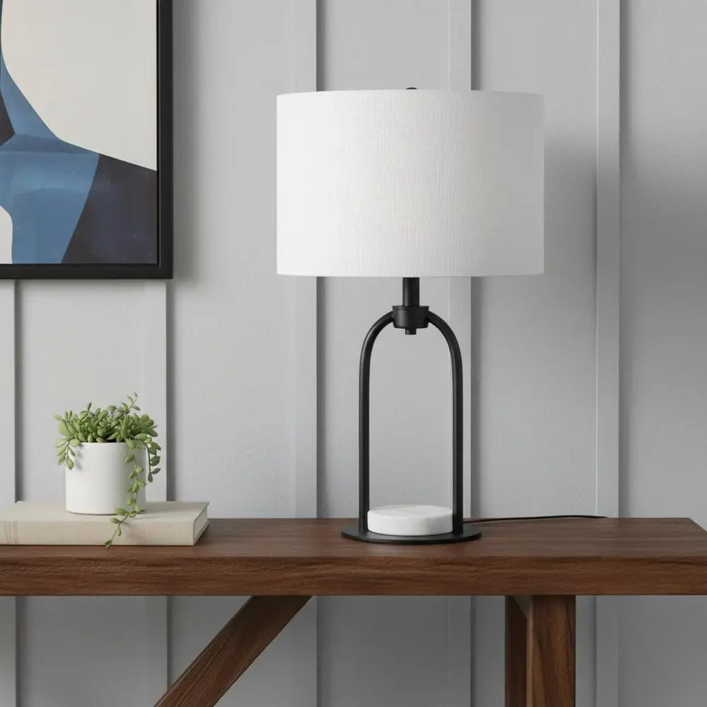 22" Black Metal Round Bedside Lamp With White Drum Shade HomeRoots