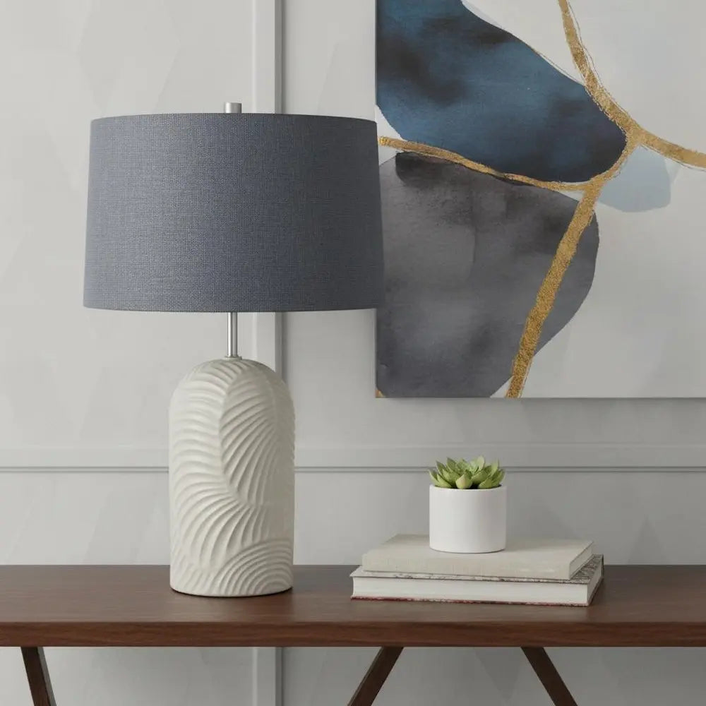 29" Beige Round Bedside Lamp With Blue Drum Shade HomeRoots