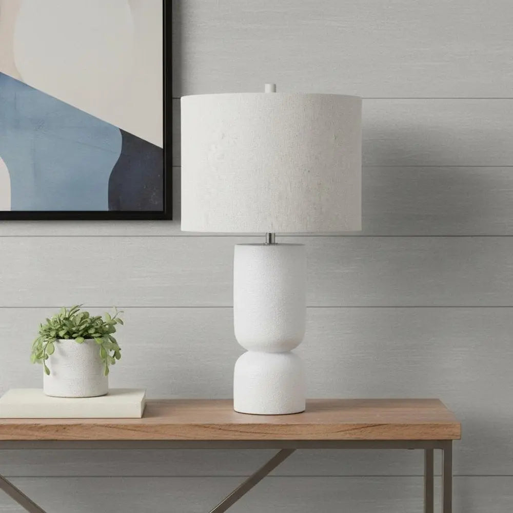 28" White Concrete Round Bedside Lamp With Beige Drum Shade HomeRoots