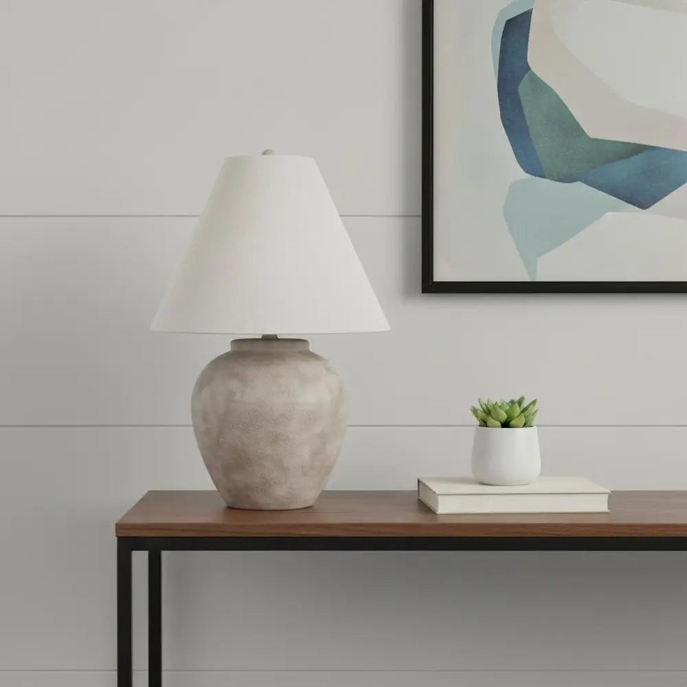 28" Beige Ceramic Round Bedside Lamp With Cream Drum Shade HomeRoots