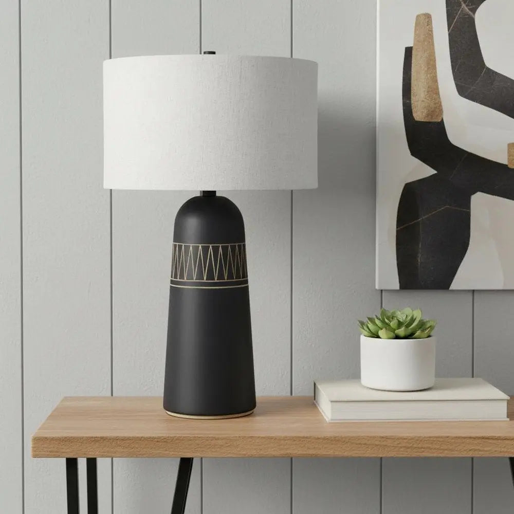 30" Black Ceramic Round Bedside Lamp With Cream Drum Shade HomeRoots