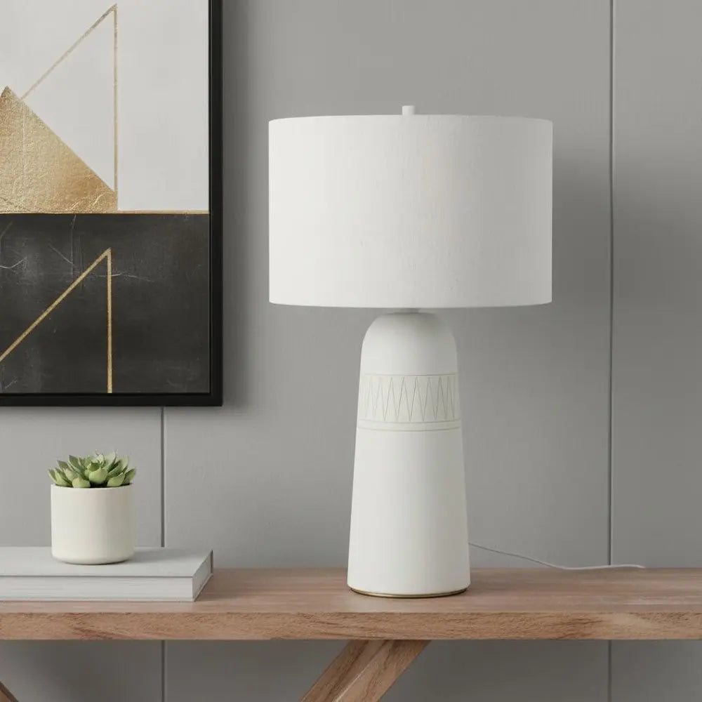 30" Cream Ceramic Round Bedside Lamp With Cream Drum Shade HomeRoots