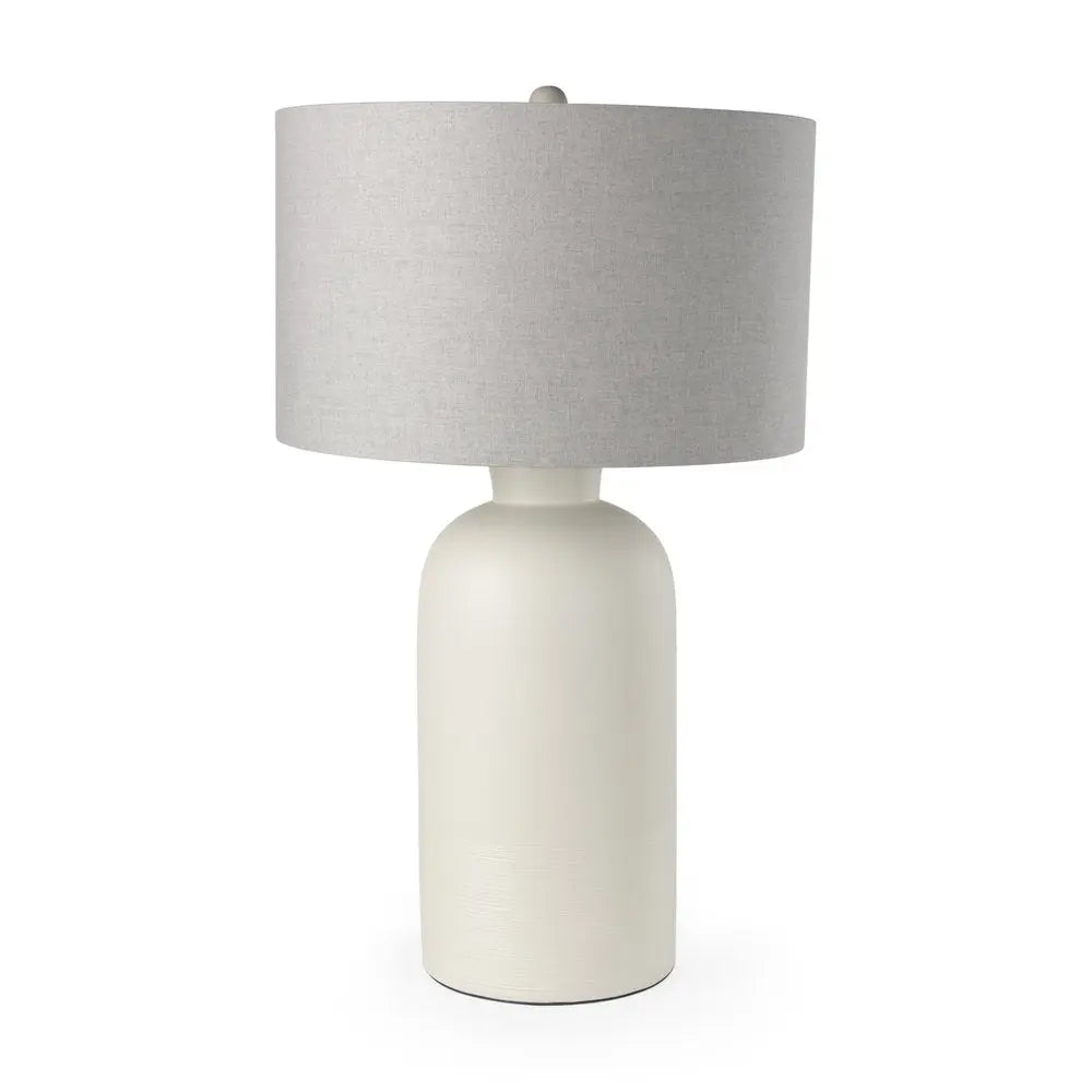 33" Cream Ceramic Round Bedside Lamp With Gray Drum Shade HomeRoots