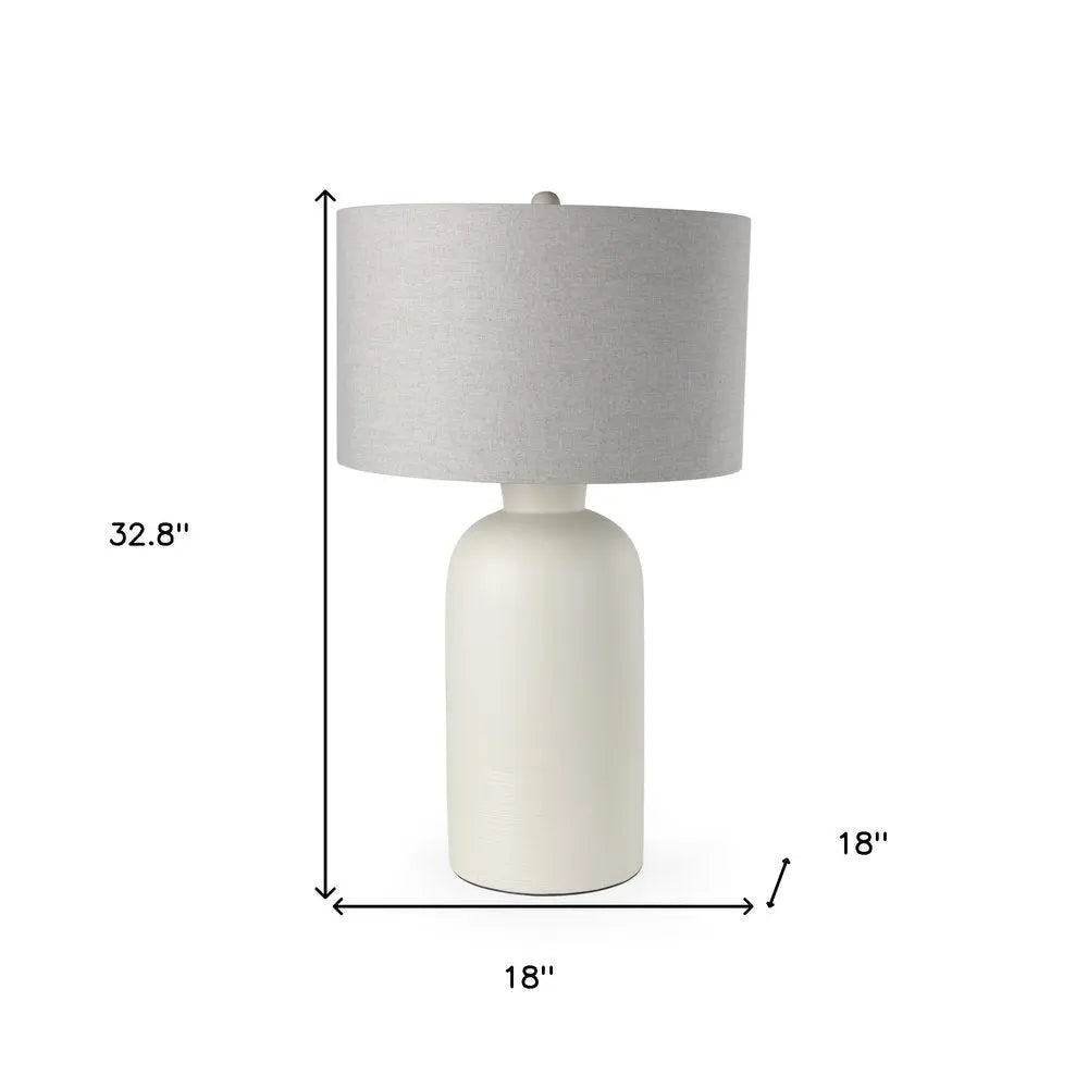 33" Cream Ceramic Round Bedside Lamp With Gray Drum Shade HomeRoots