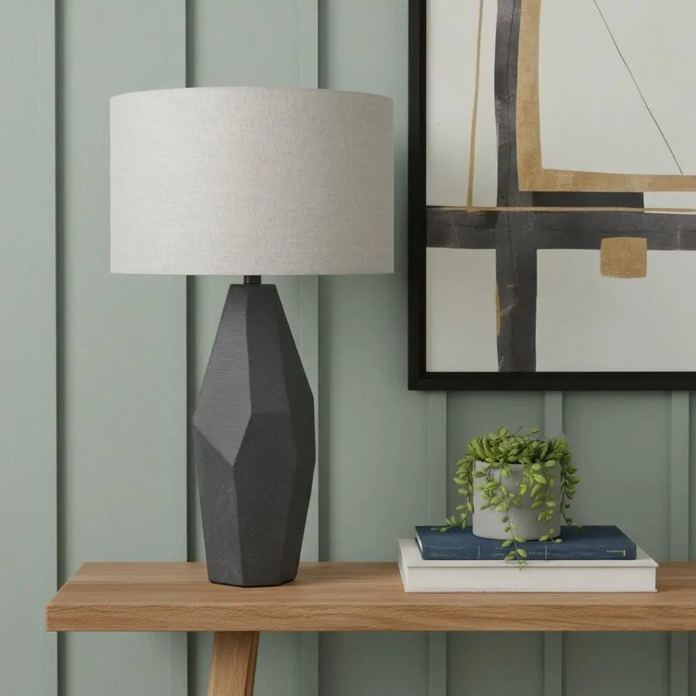 30" Black Ceramic Round Bedside Lamp With Beige Drum Shade HomeRoots