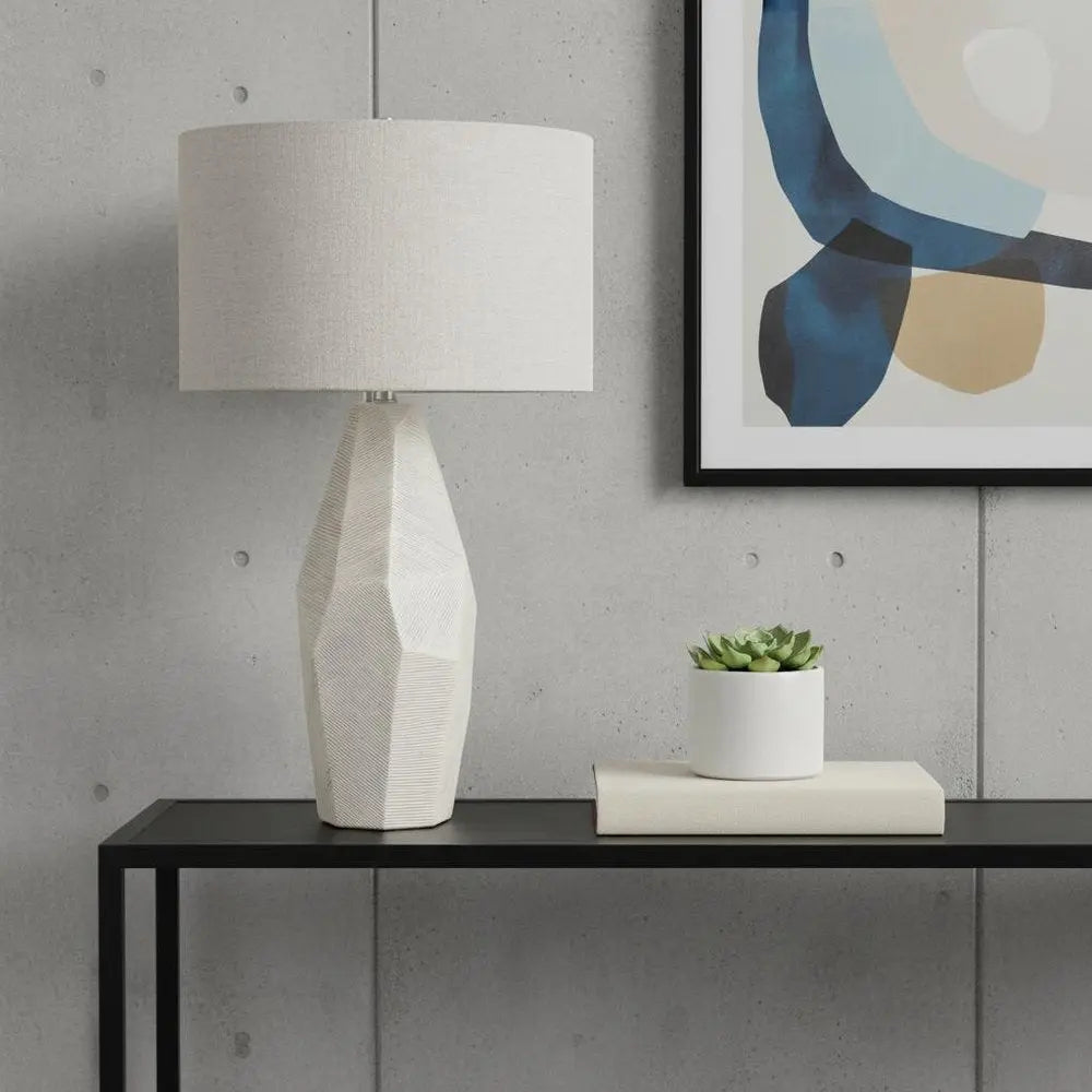 30" Cream Ceramic Round Bedside Lamp With Beige Drum Shade HomeRoots