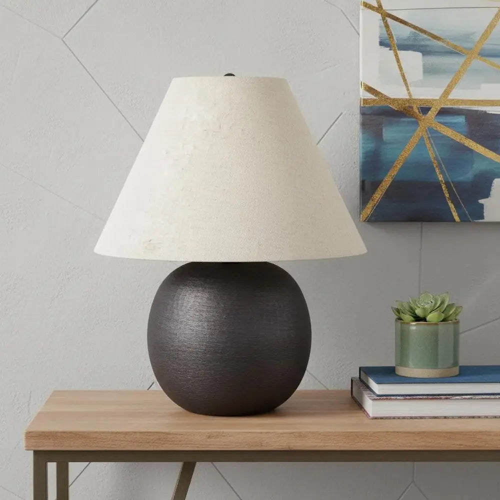 24" Black Metal Round Bedside Lamp With Beige Bell Shade HomeRoots