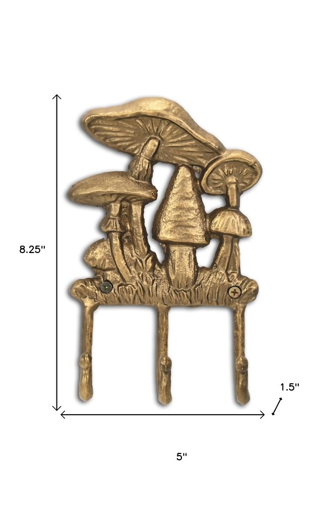 Perchero de pared de hierro fundido con tres ganchos y diseño de hongo, de 5" y dorado envejecido