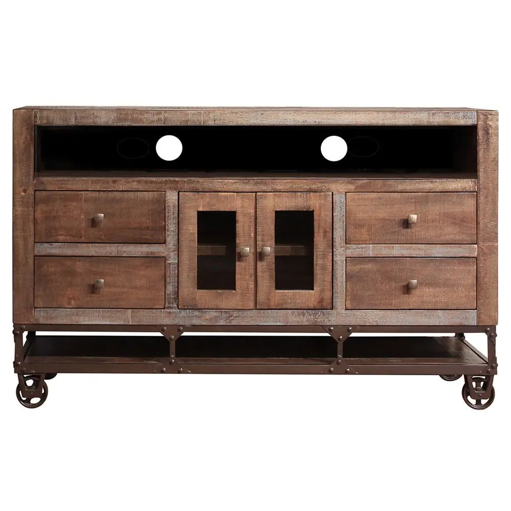 62" Brown Solid Wood Cabinet Enclosed Storage Distressed TV Stand - NOVA HOME FURNITURE