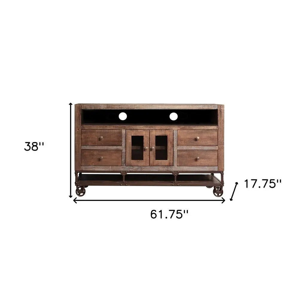 62" Brown Solid Wood Cabinet Enclosed Storage Distressed TV Stand - NOVA HOME FURNITURE