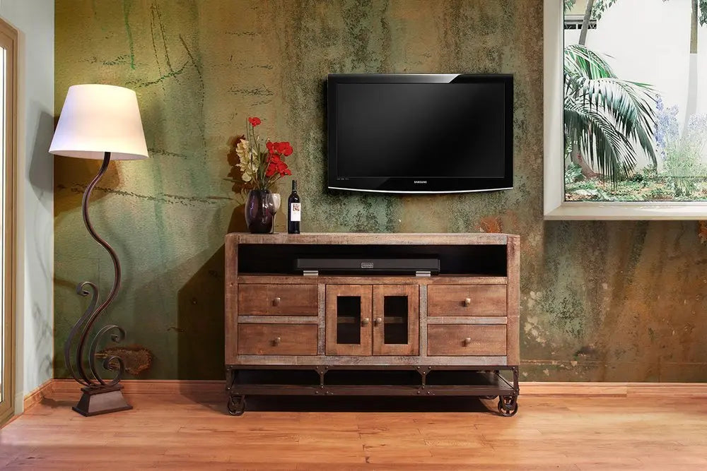62" Brown Solid Wood Cabinet Enclosed Storage Distressed TV Stand - NOVA HOME FURNITURE