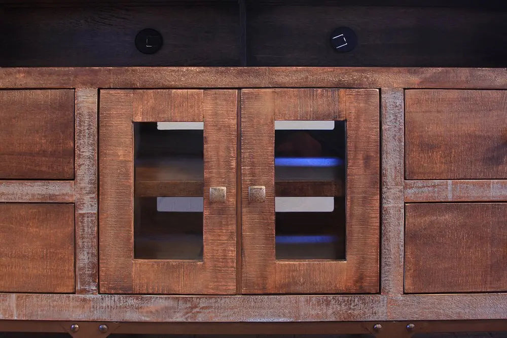 62" Brown Solid Wood Cabinet Enclosed Storage Distressed TV Stand - NOVA HOME FURNITURE