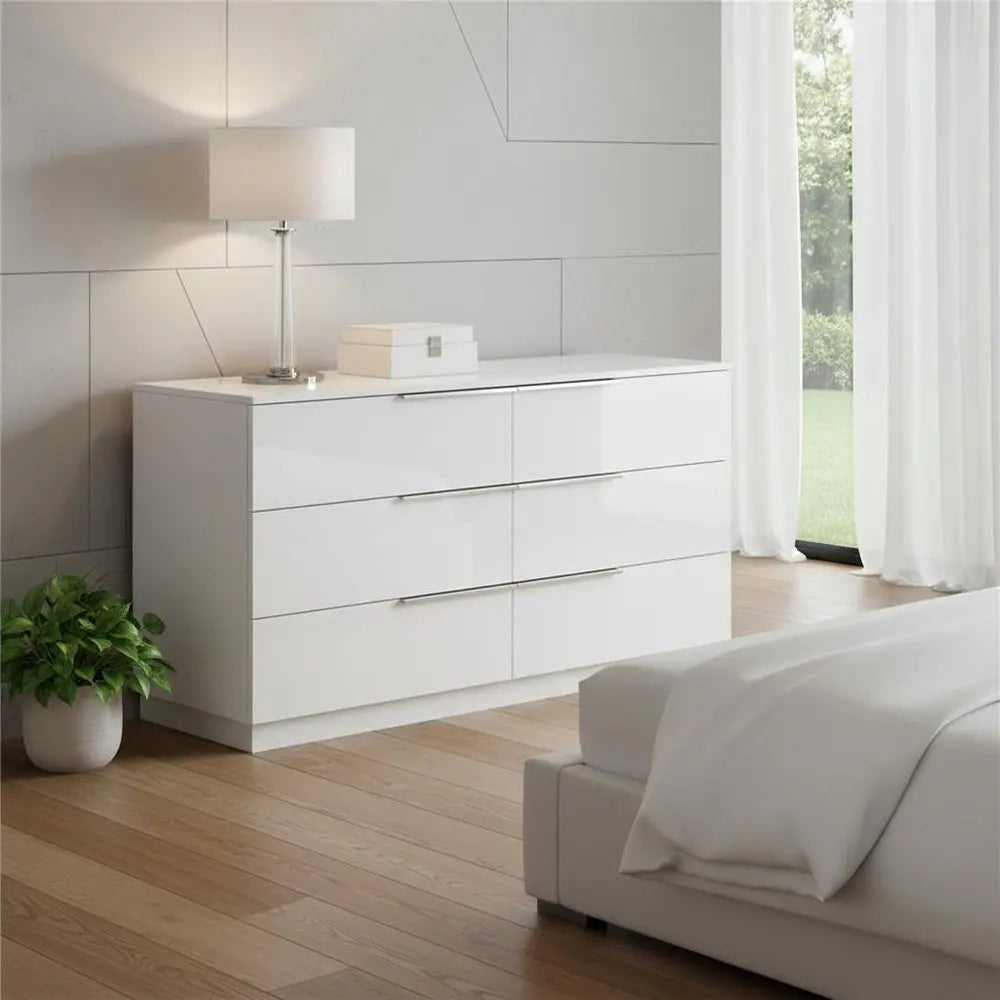 62" White Wood Six Drawer Double Dresser - NOBLE HOME INTERIORS