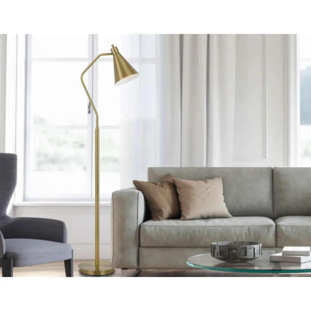 63" Antiqued Brass Metal Reading Floor Lamp With Antiqued Brass Metal Cone Shade HomeRoots