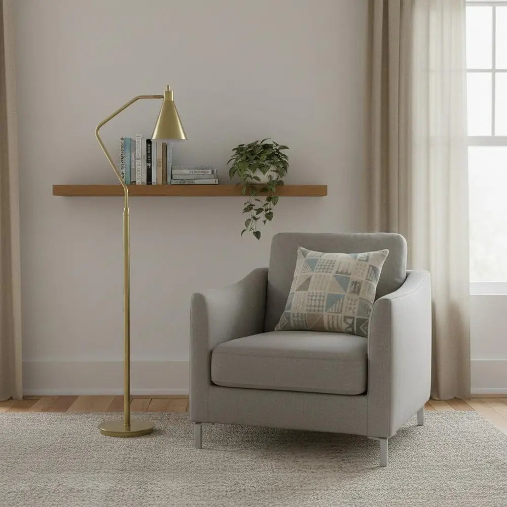 63" Antiqued Brass Metal Reading Floor Lamp With Antiqued Brass Metal Cone Shade HomeRoots