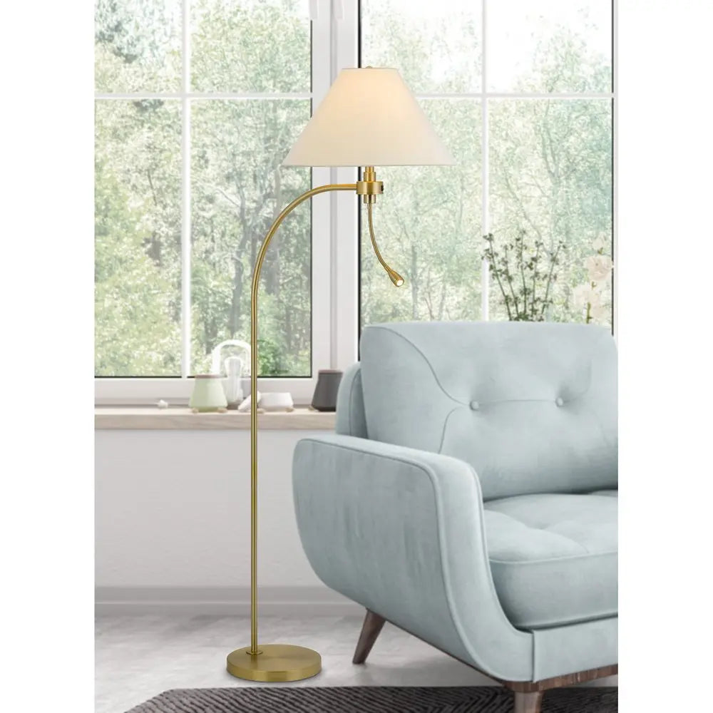 68" Antiqued Brass Metal Reading Floor Lamp With Off White Fabric Empire Shade HomeRoots
