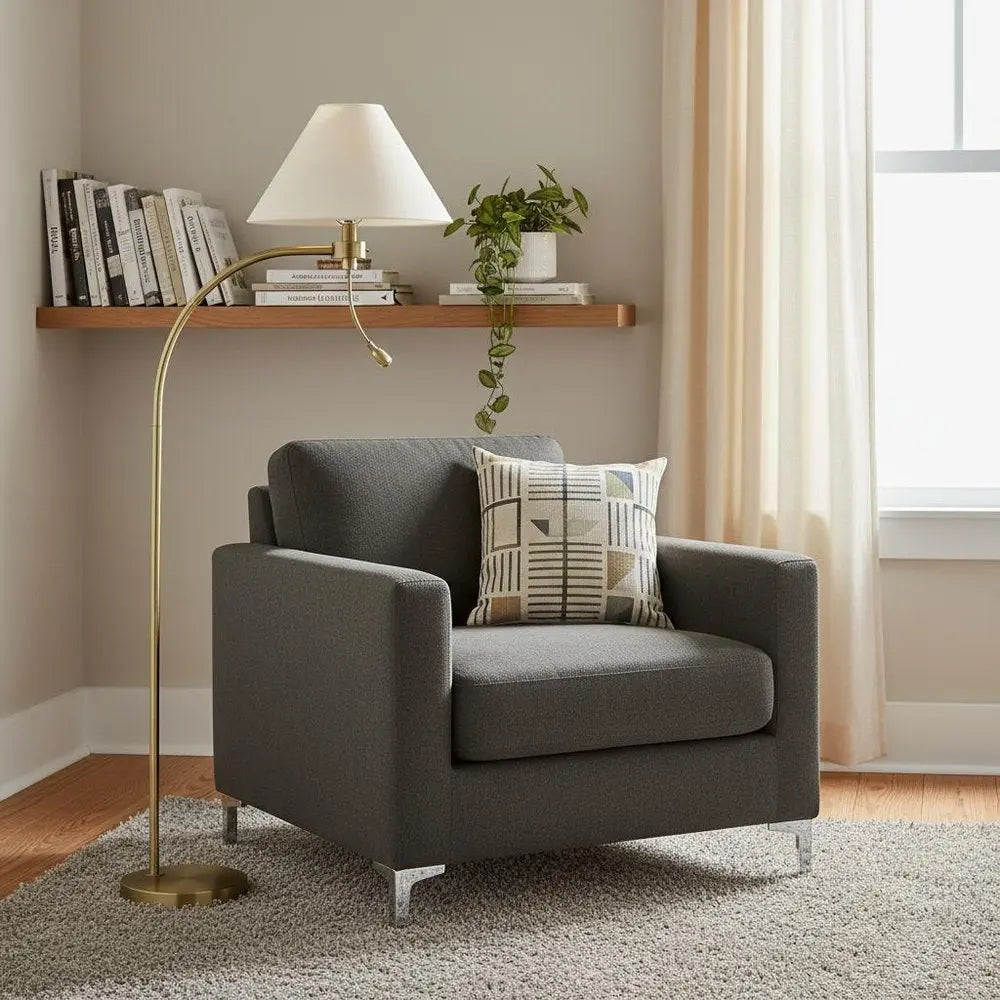 68" Antiqued Brass Metal Reading Floor Lamp With Off White Fabric Empire Shade HomeRoots