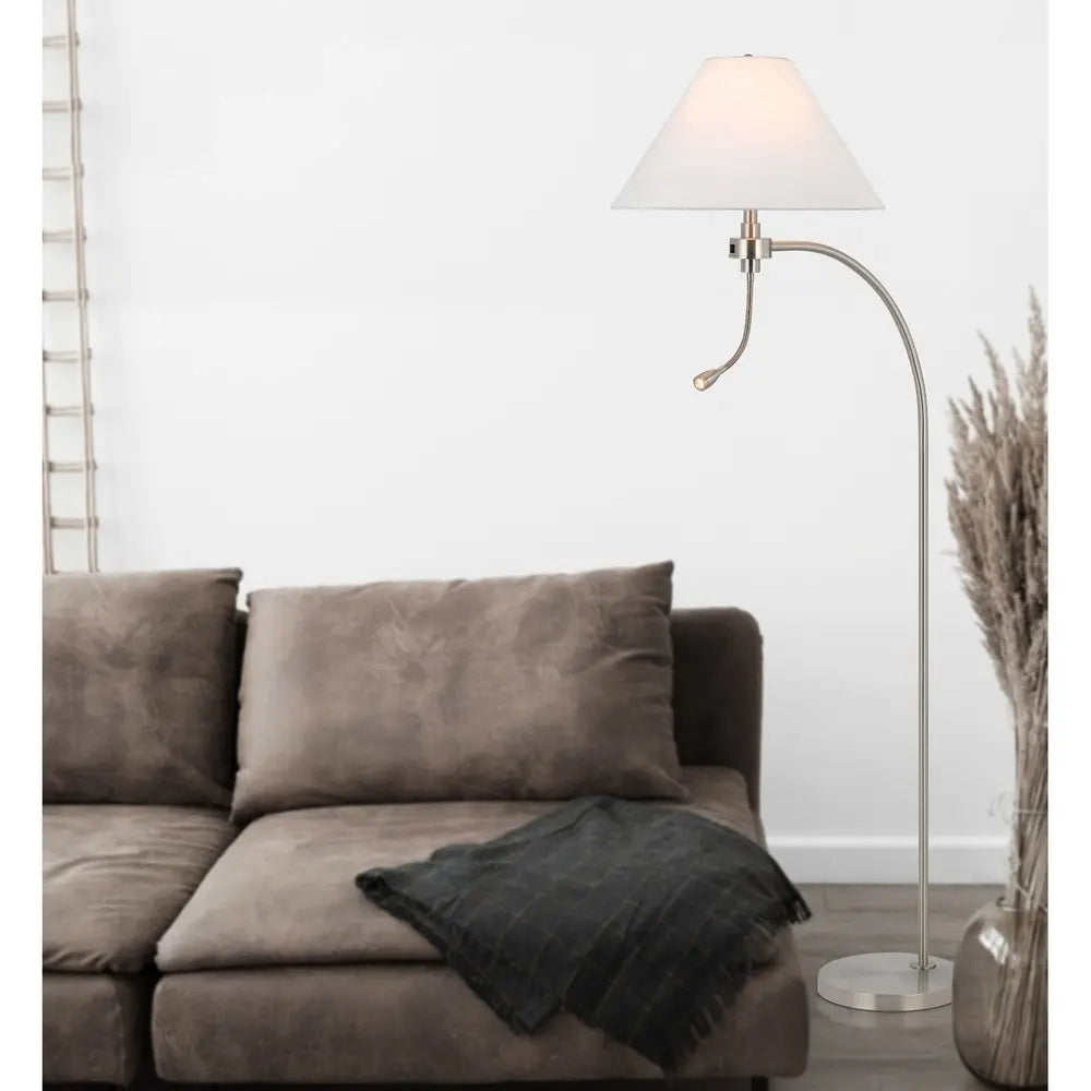 68" Nickel Metal Reading Floor Lamp With White Fabric Empire Shade HomeRoots