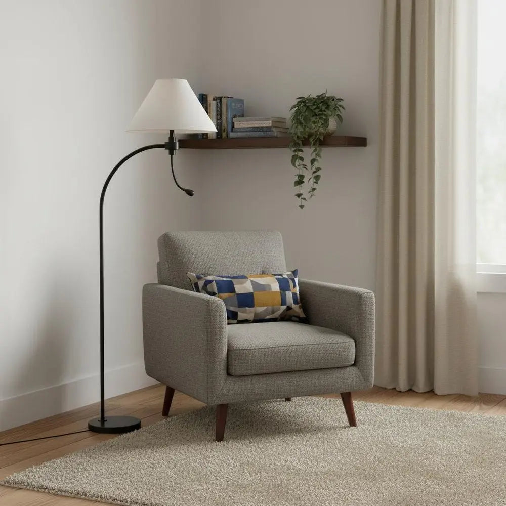 68" Bronze Metal Reading Floor Lamp With Off White Fabric Empire Shade HomeRoots