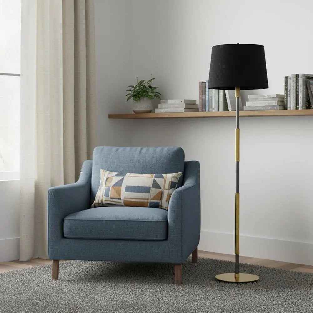 60" Antiqued Brass Metal Floor Lamp With Black Fabric Drum Shade HomeRoots