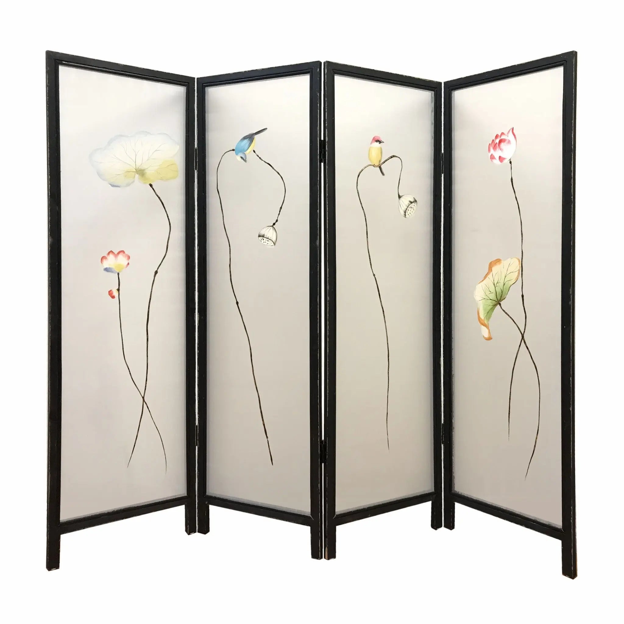 63" Black and White Fabric Folding Four Panel Screen Room Divider - NOBLE HOME INTERIORS