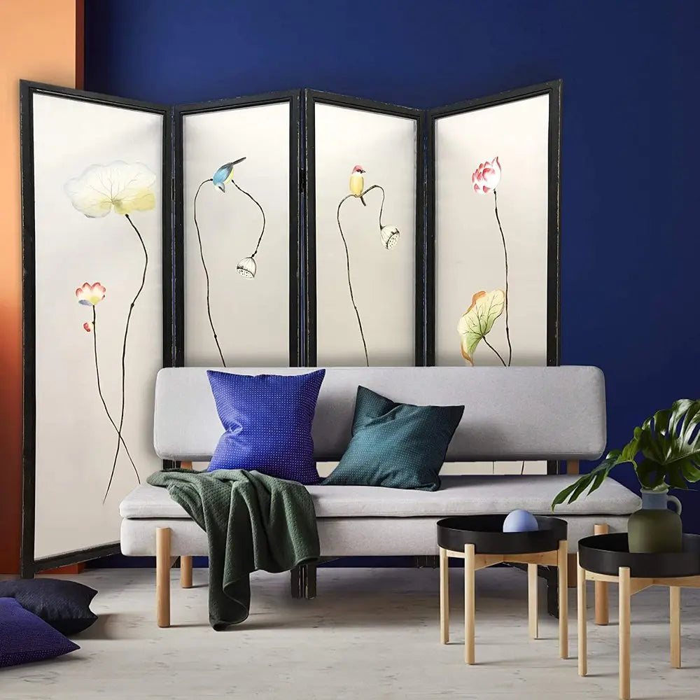 63" Black and White Fabric Folding Four Panel Screen Room Divider - NOBLE HOME INTERIORS