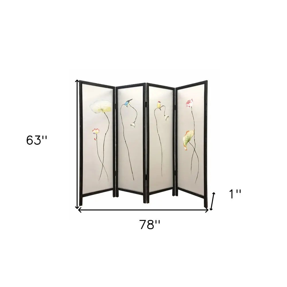 63" Black and White Fabric Folding Four Panel Screen Room Divider - NOBLE HOME INTERIORS