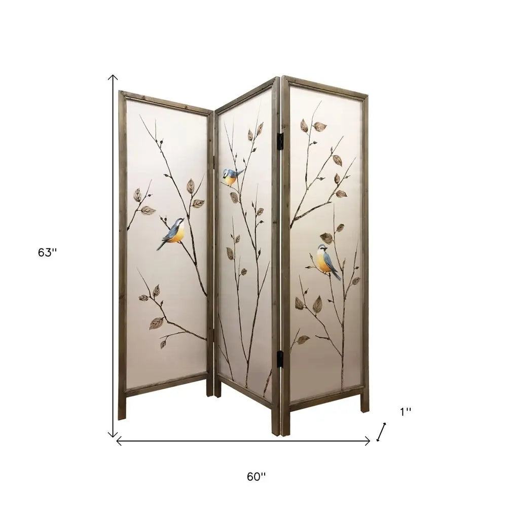 63" Brown Fabric and Wood Folding Three Panel Screen Room Divider - NOBLE HOME INTERIORS