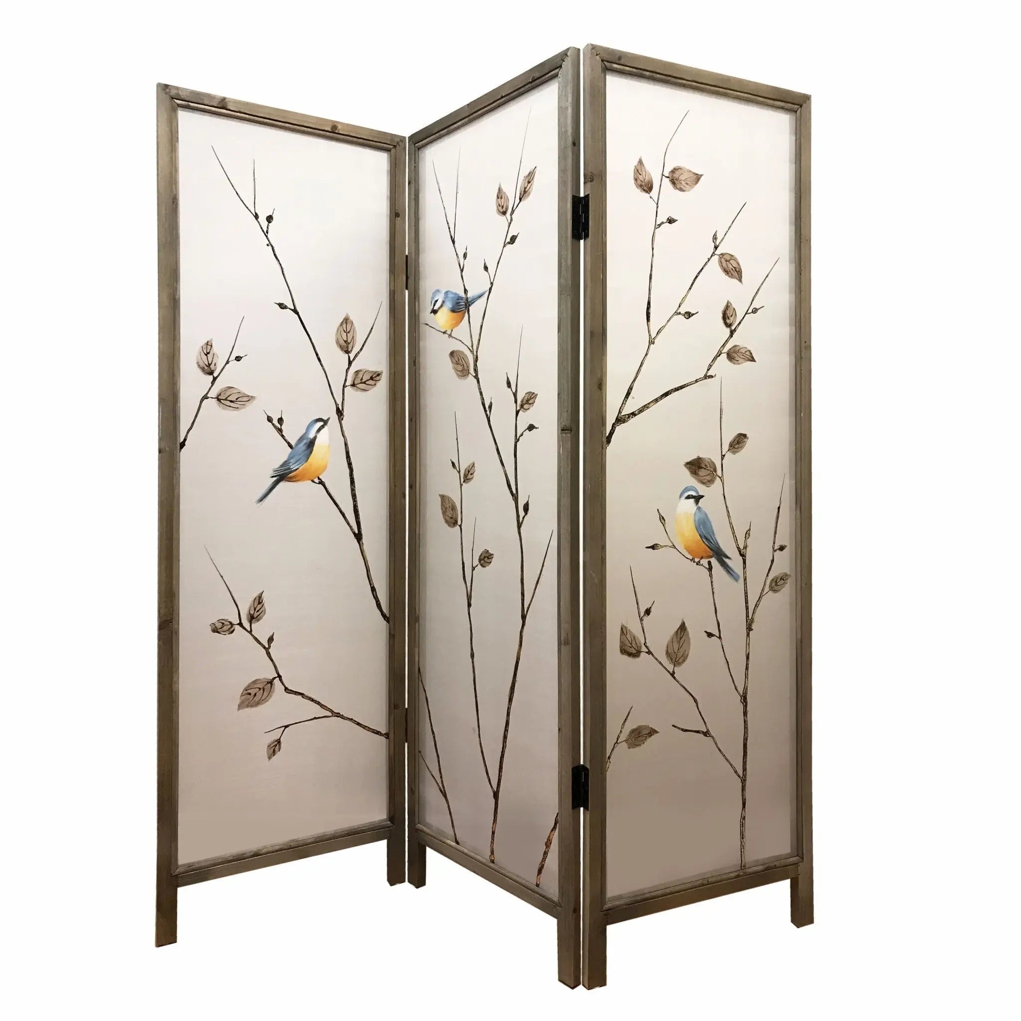 63" Brown Fabric and Wood Folding Three Panel Screen Room Divider - NOBLE HOME INTERIORS