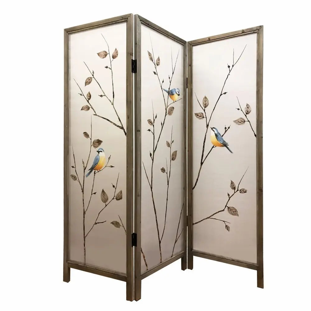 63" Brown Fabric and Wood Folding Three Panel Screen Room Divider - NOBLE HOME INTERIORS