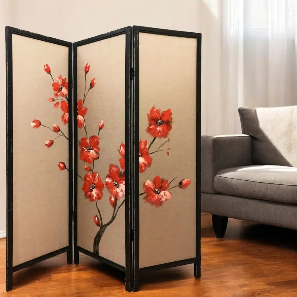 63" Brown Fabric Folding Three Panel Screen Room Divider - NOBLE HOME INTERIORS