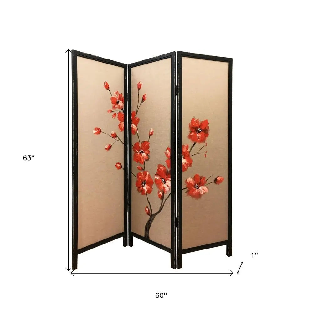 63" Brown Fabric Folding Three Panel Screen Room Divider - NOBLE HOME INTERIORS