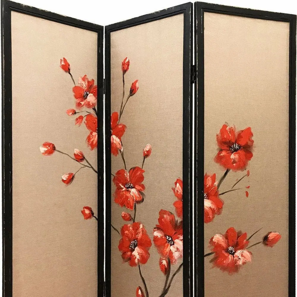 63" Brown Fabric Folding Three Panel Screen Room Divider - NOBLE HOME INTERIORS