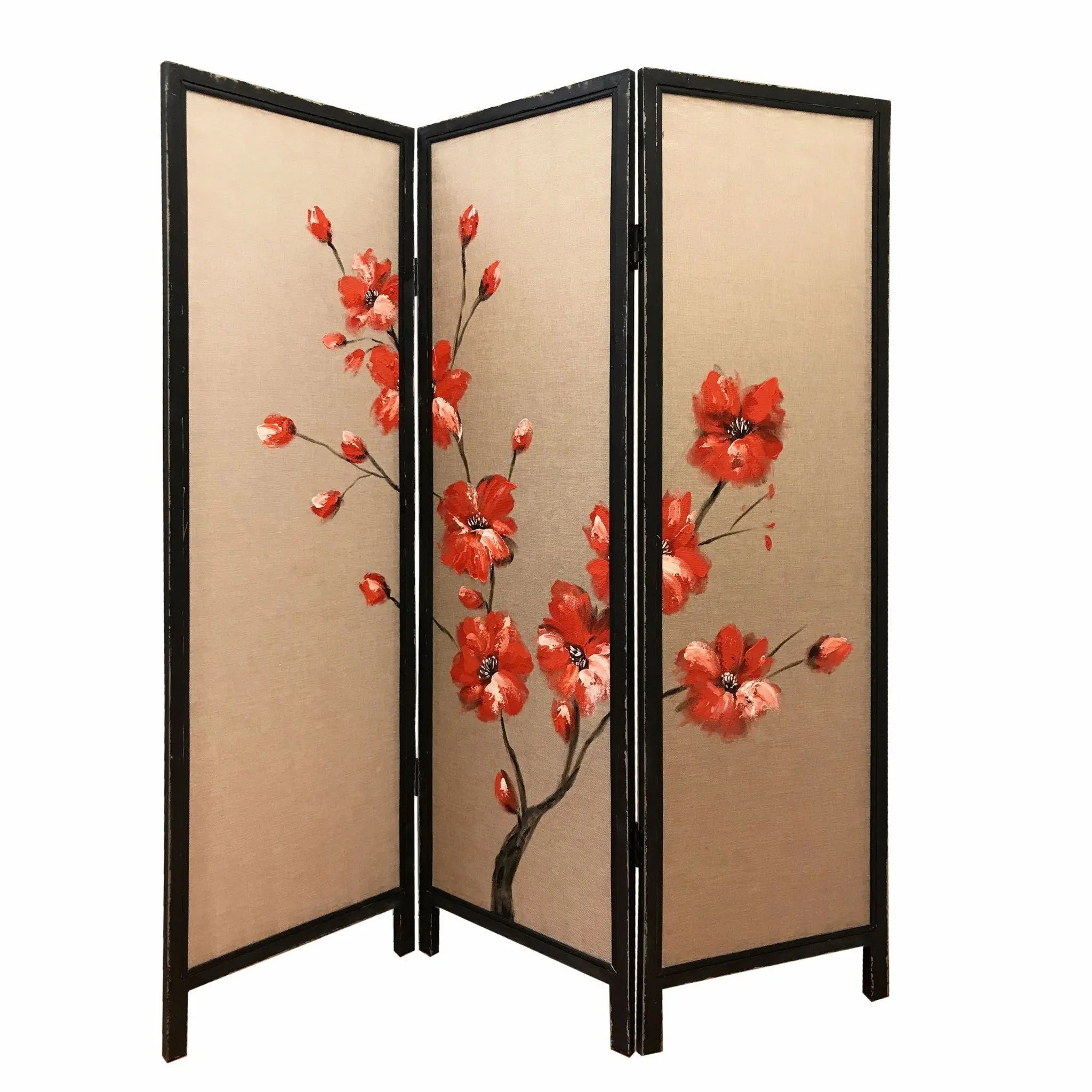 63" Brown Fabric Folding Three Panel Screen Room Divider - NOBLE HOME INTERIORS