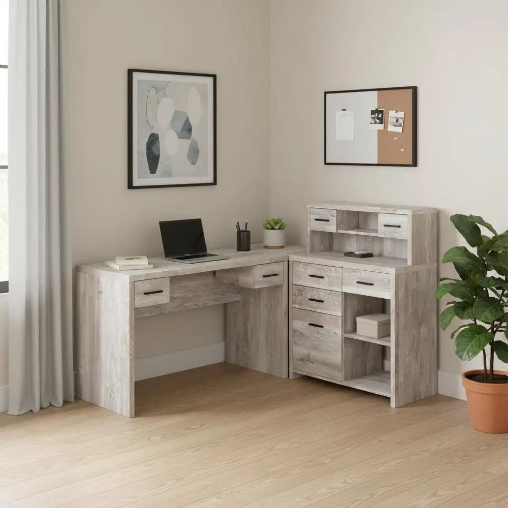 63" Taupe L Shape Computer Desk With Eight Drawers - NOBLE HOME INTERIORS