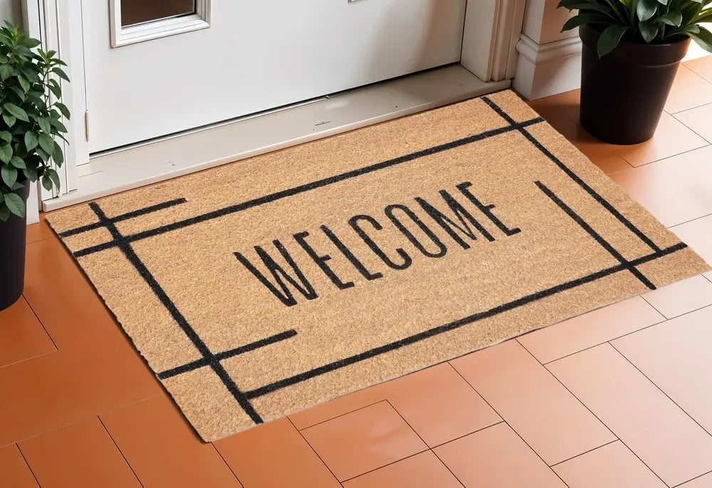 17" X 29" Natural And Black Welcome Outdoor Coir Door Mat HomeRoots