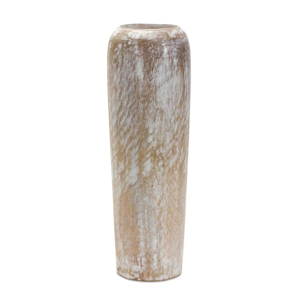18" White And Brown Round Wood Floor Vase