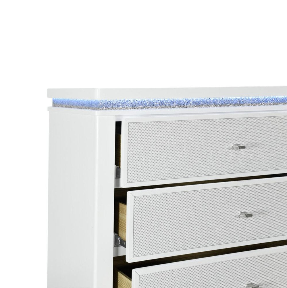 36" White Faux Crystal Glitter Wood Lighted Five Drawer Dresser