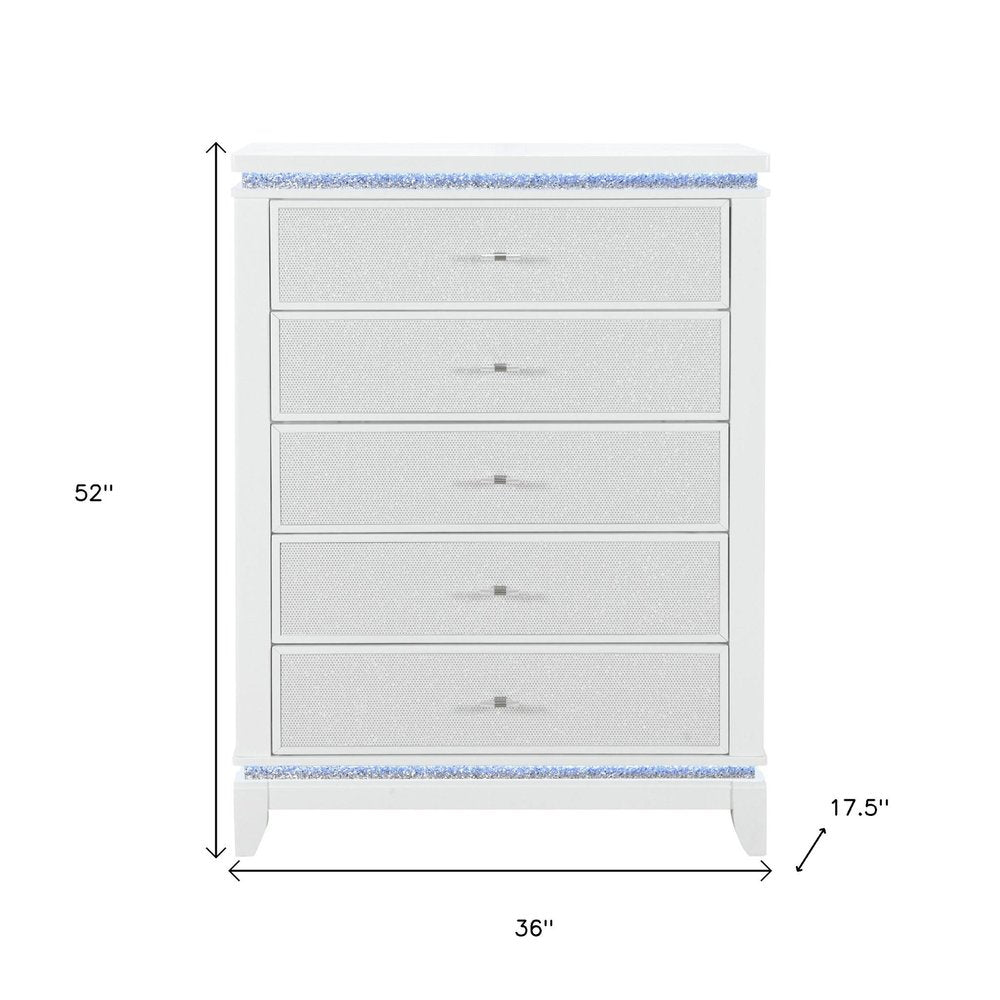 36" White Faux Crystal Glitter Wood Lighted Five Drawer Dresser