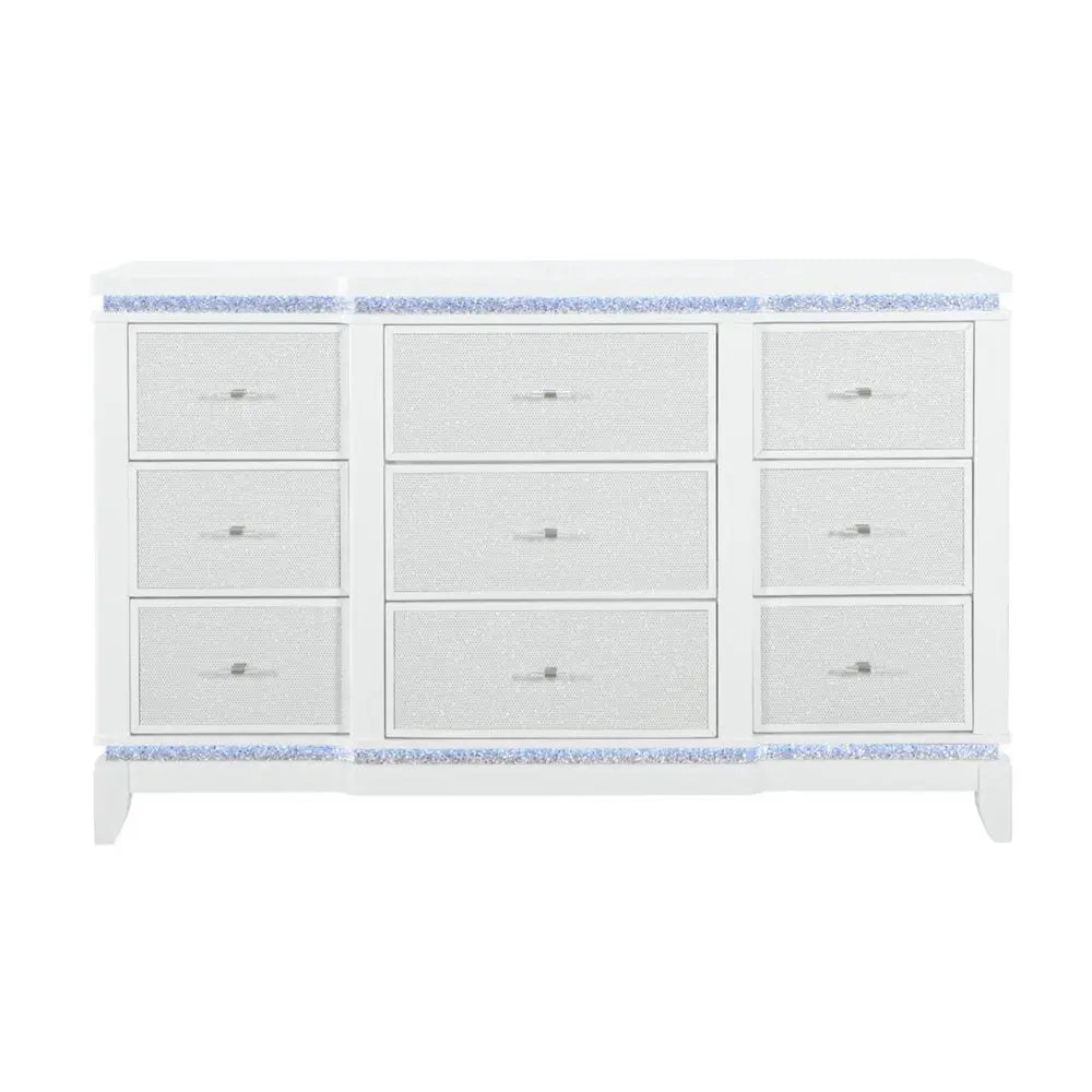 62" White Faux Crystal Glitter Wood Lighted Nine Drawer Triple Dresser HomeRoots