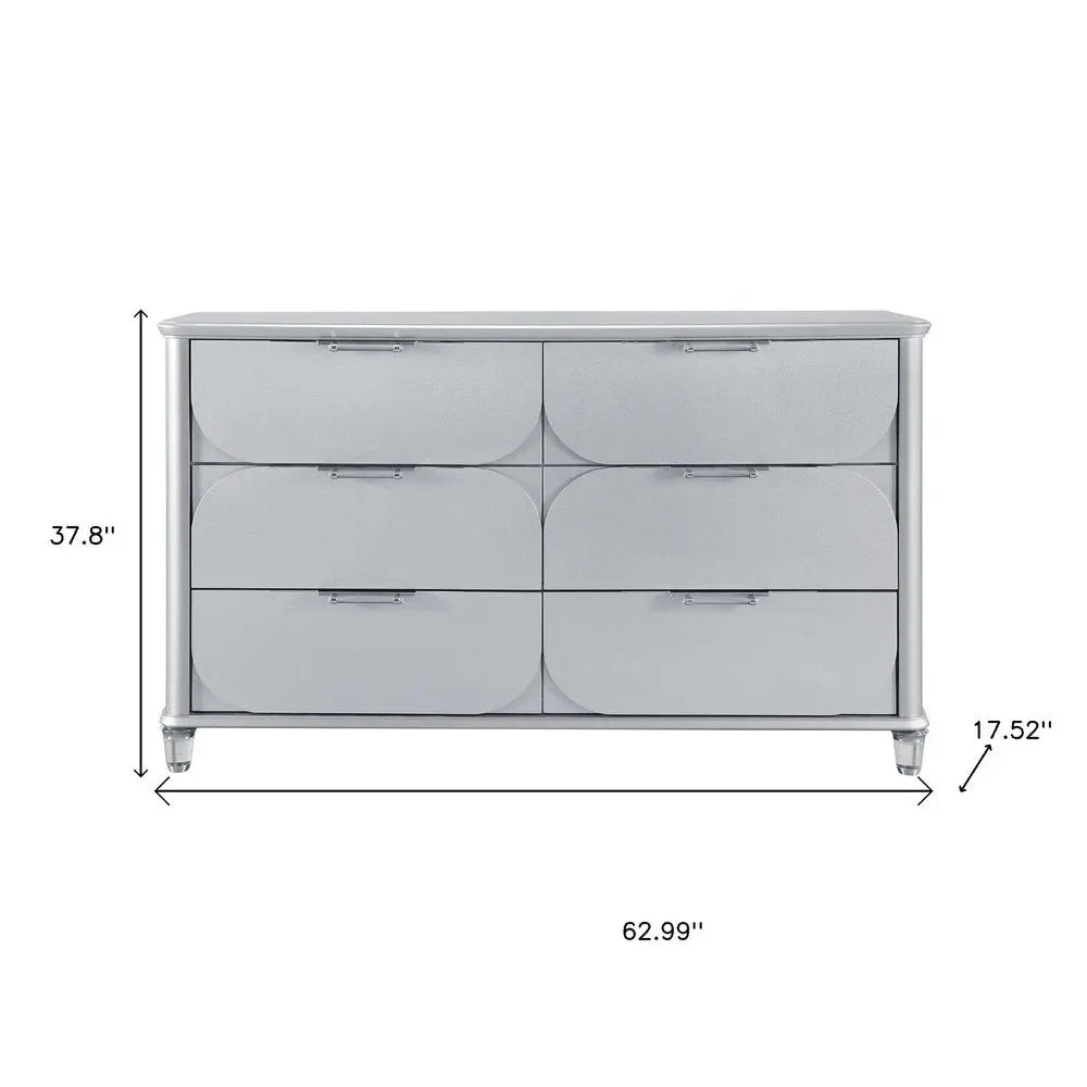 63" Silver Wood Six Drawer Double Dresser