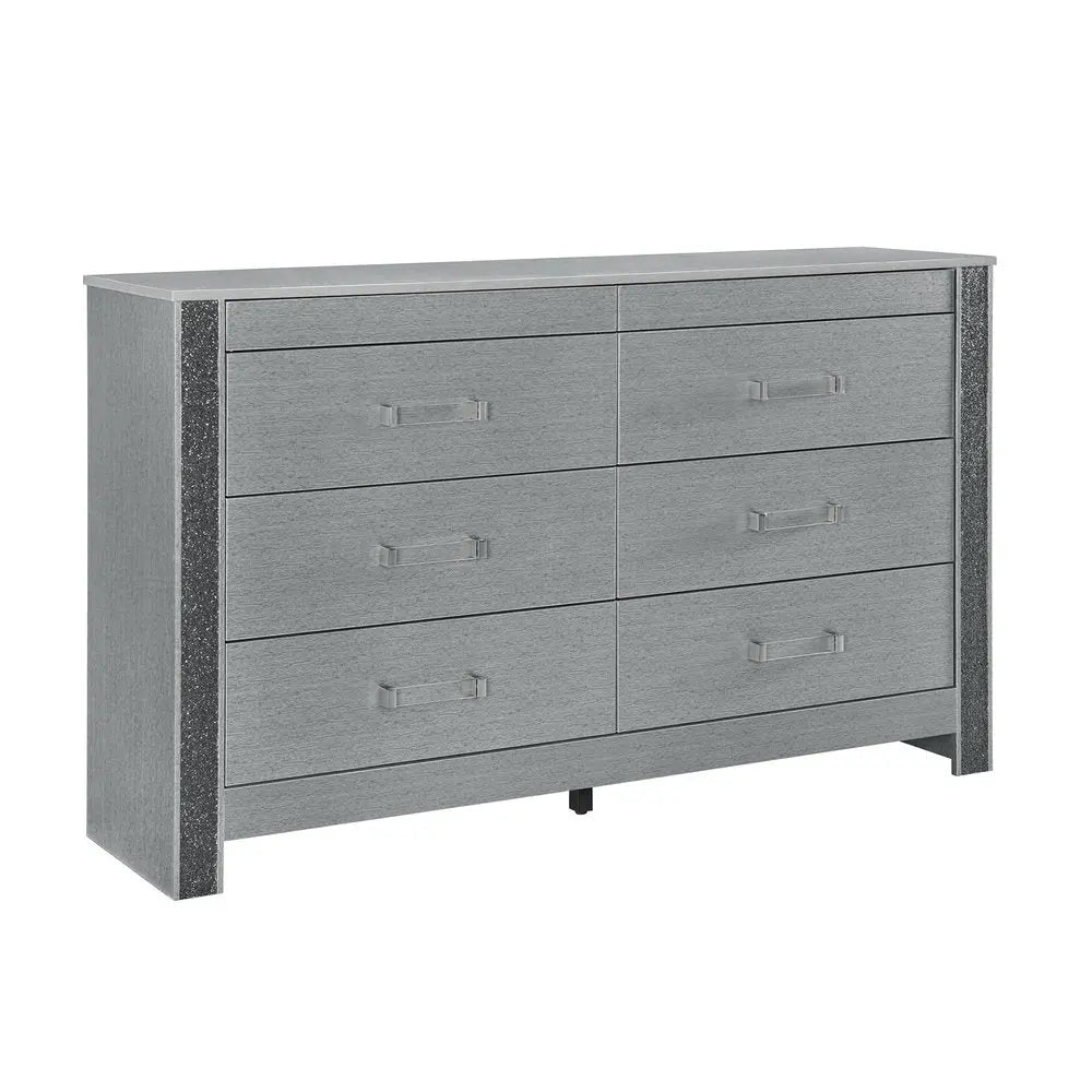 62" Silver Wood Six Drawer Double Dresser